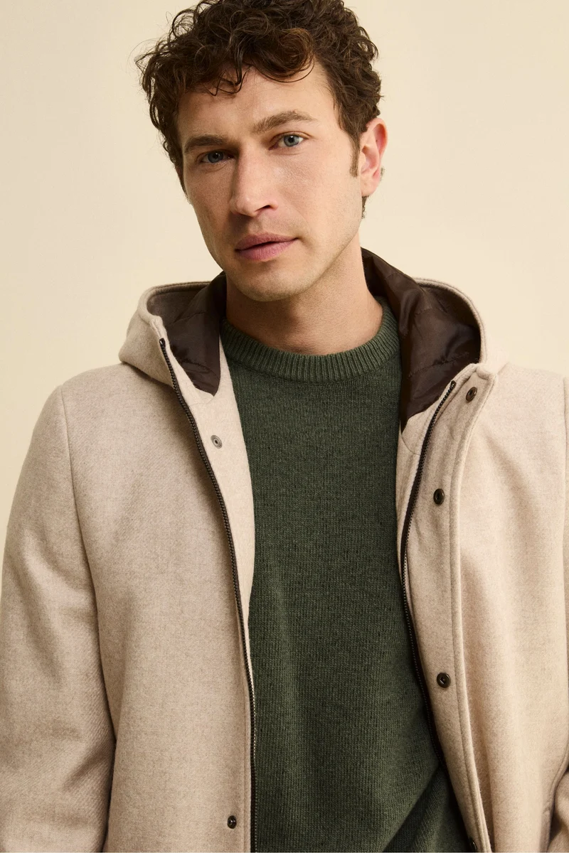 Cappotto Twill in Misto Lana con Zip e Cappuccio - TORTORA