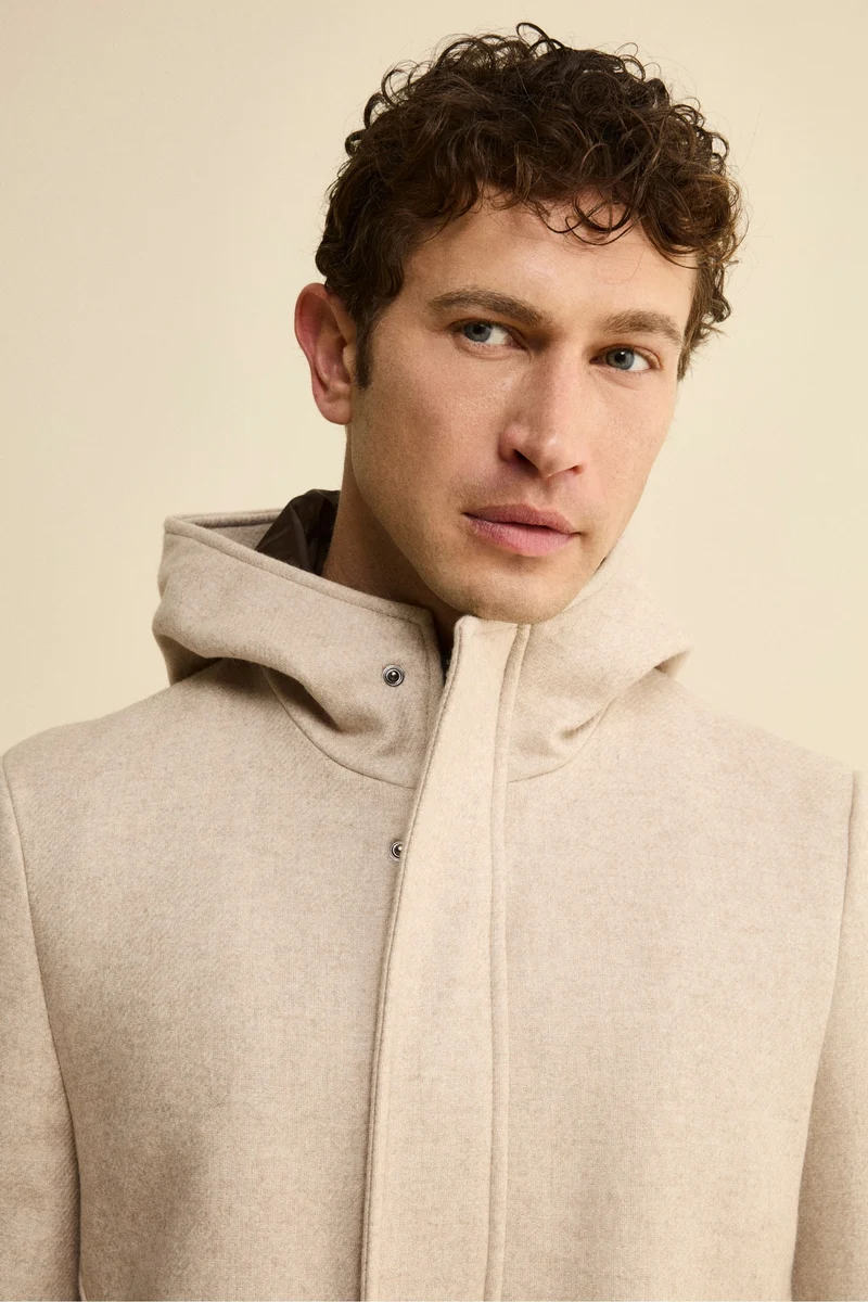 Cappotto Twill in Misto Lana con Zip e Cappuccio - TORTORA