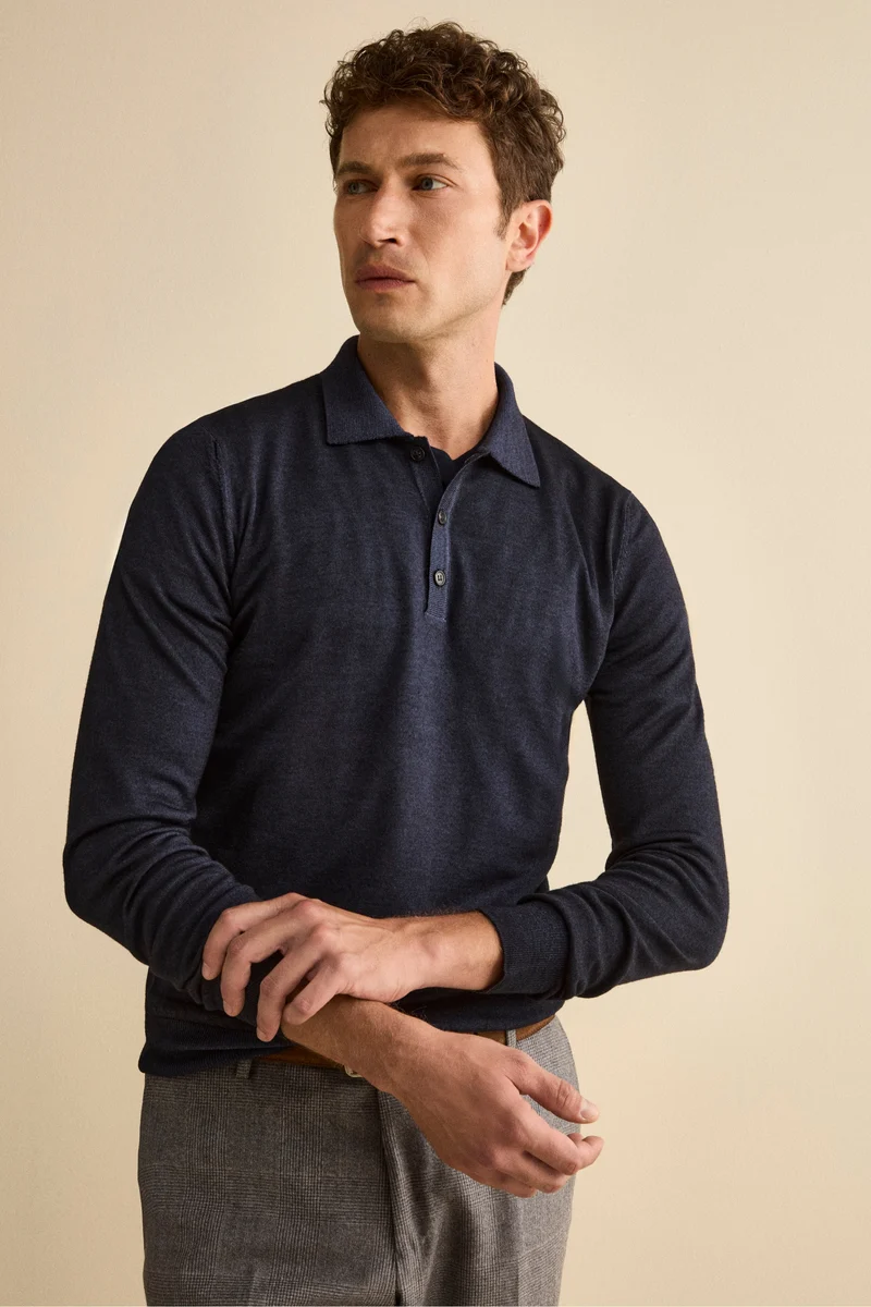 Polo in Maglia con Bottoni in Lana Merino - BLU