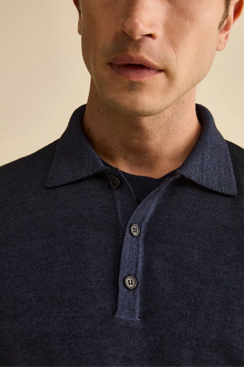 Polo in Maglia con Bottoni in Lana Merino - BLU