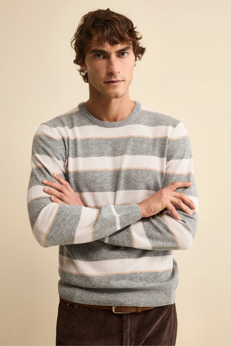 Maglia Girocollo a Righe in Misto Lana e Cashmere - RIGATO GRIGIO/PANNA