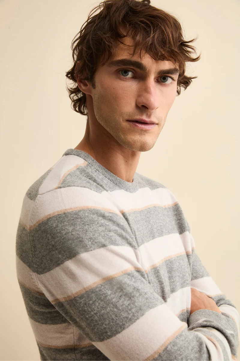 Maglia Girocollo a Righe in Misto Lana e Cashmere - RIGATO GRIGIO/PANNA