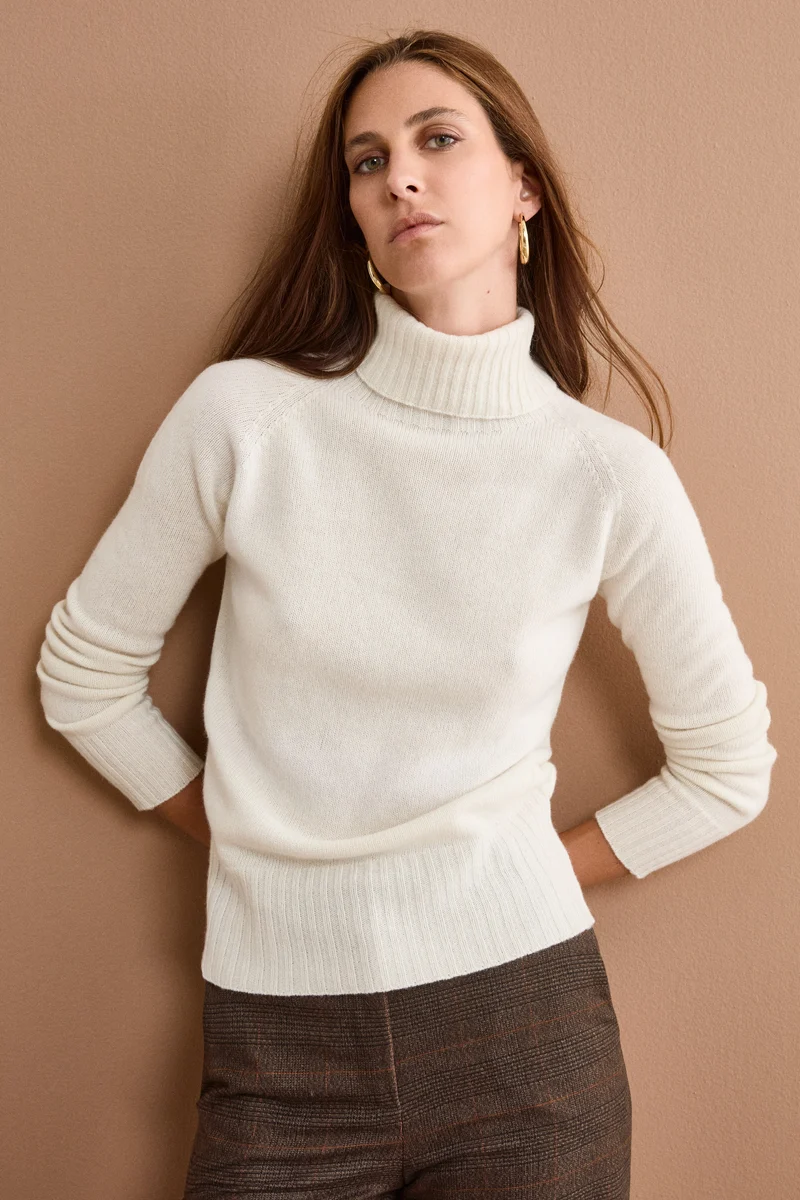 Dolcevita Raglan in Lana e Cashmere con Collo a Coste - BIANCO OTTICO