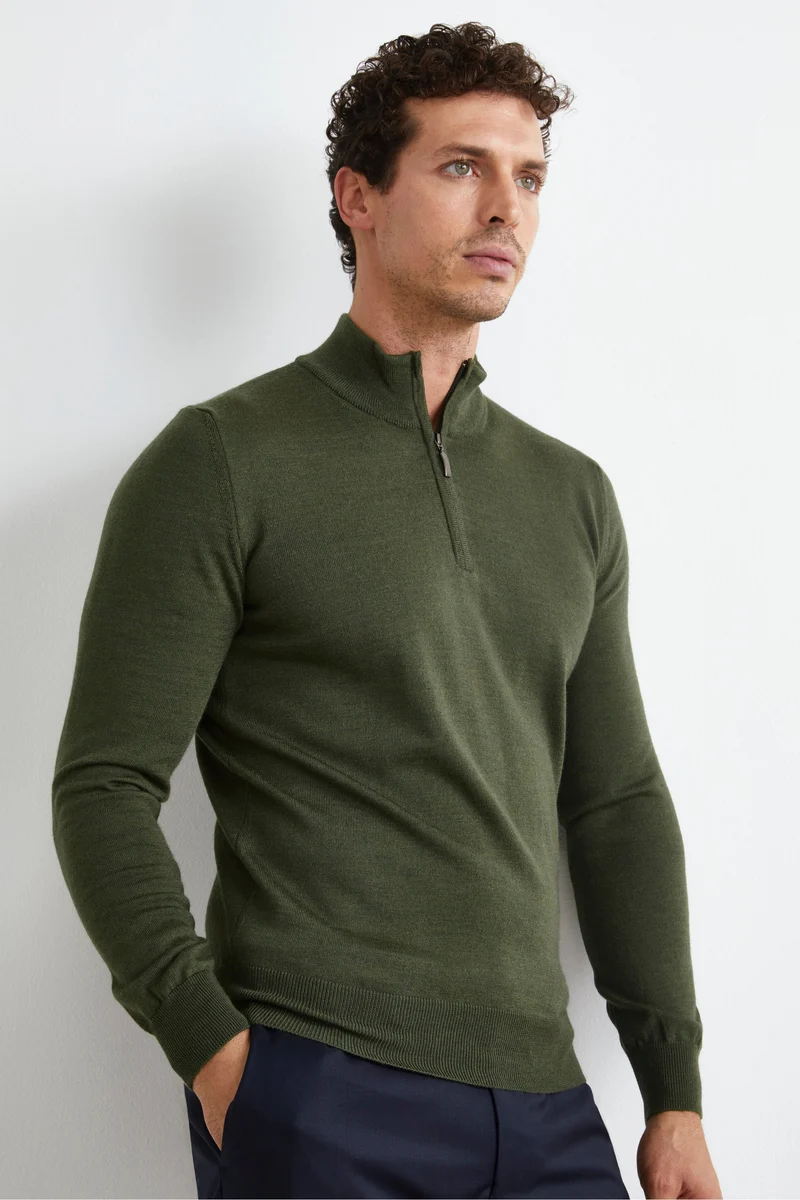 Lupetto con Zip in Lana Merino - VERDE MILITARE