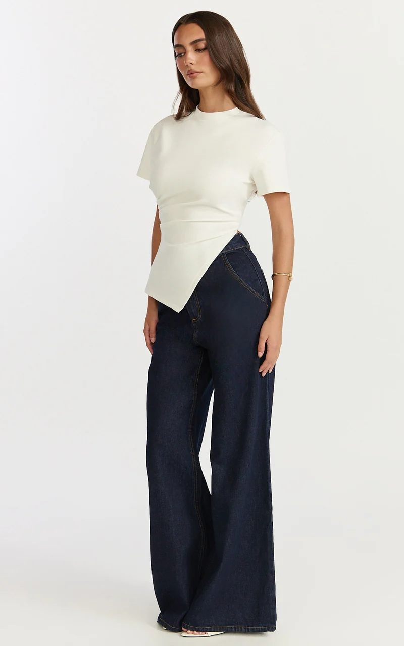 Rosalie Top - Asym Ruched Tshirt in White
