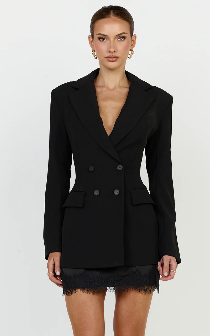 Vienna Blazer - Double Breasted Blazer with Adjustable Cinch Back in Black