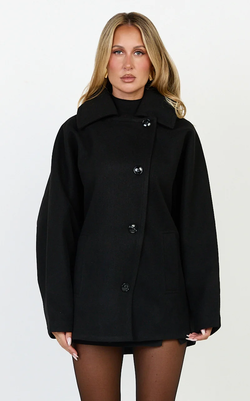 Rina Coat - Oversized Three Button Front Closure Coat in Black