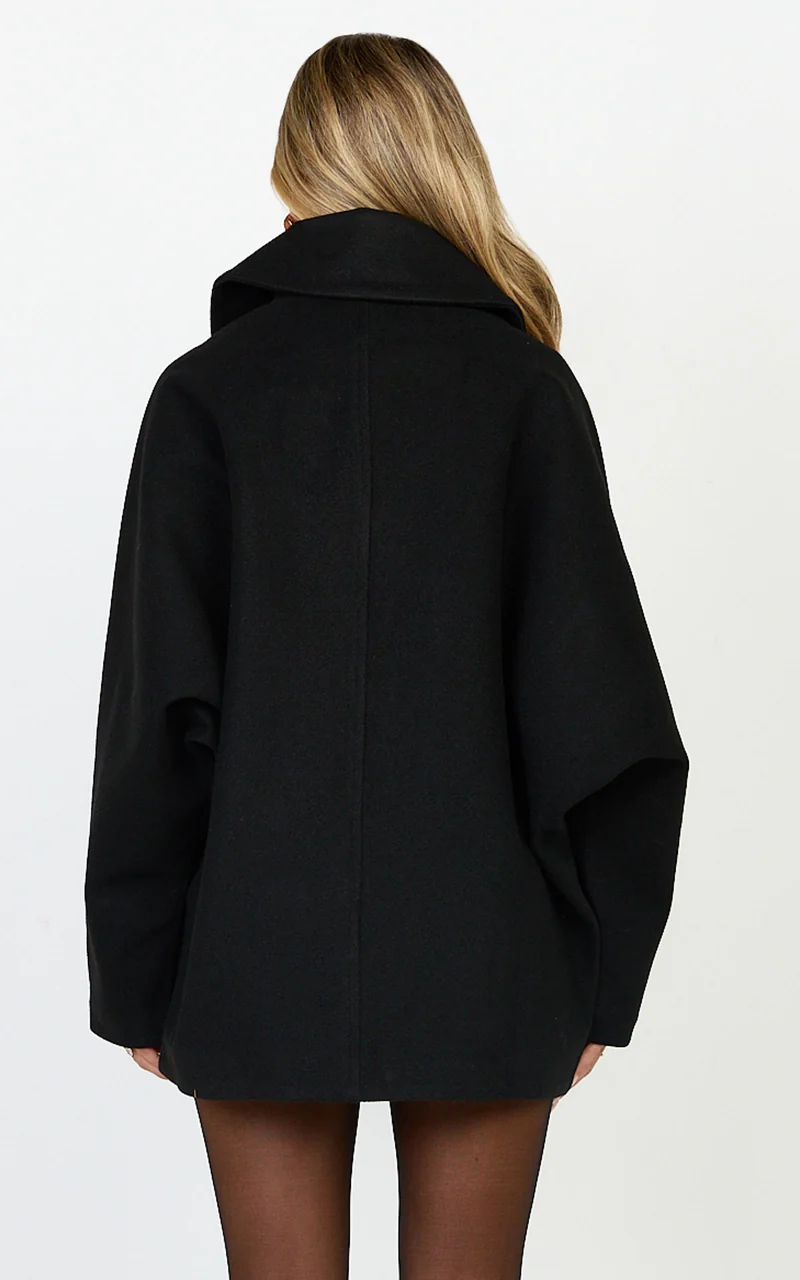 Rina Coat - Oversized Three Button Front Closure Coat in Black