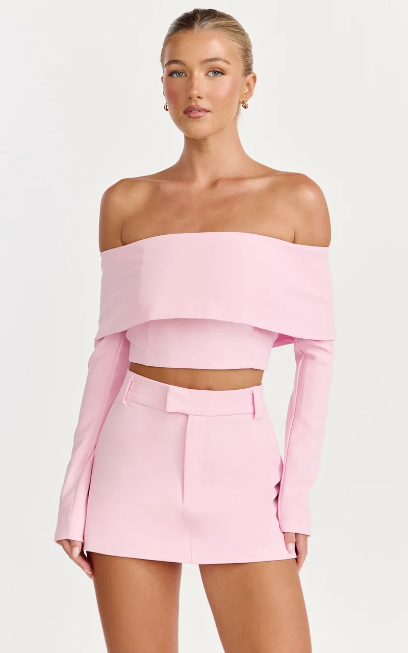 Ursula Top - Long Sleeve Off Shoulder Cropped Top in Pink