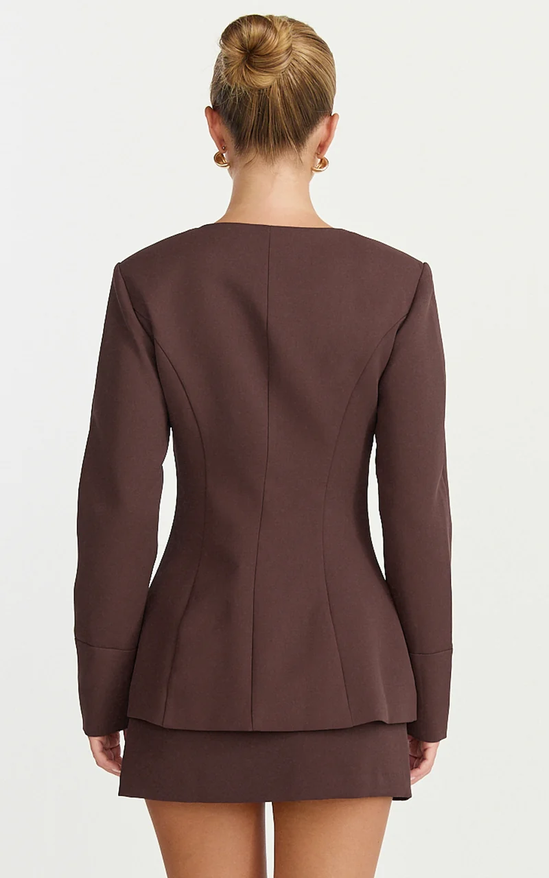 Mikey Jacket - Tailored Long Sleeve Collarless Jacket in Chocolate