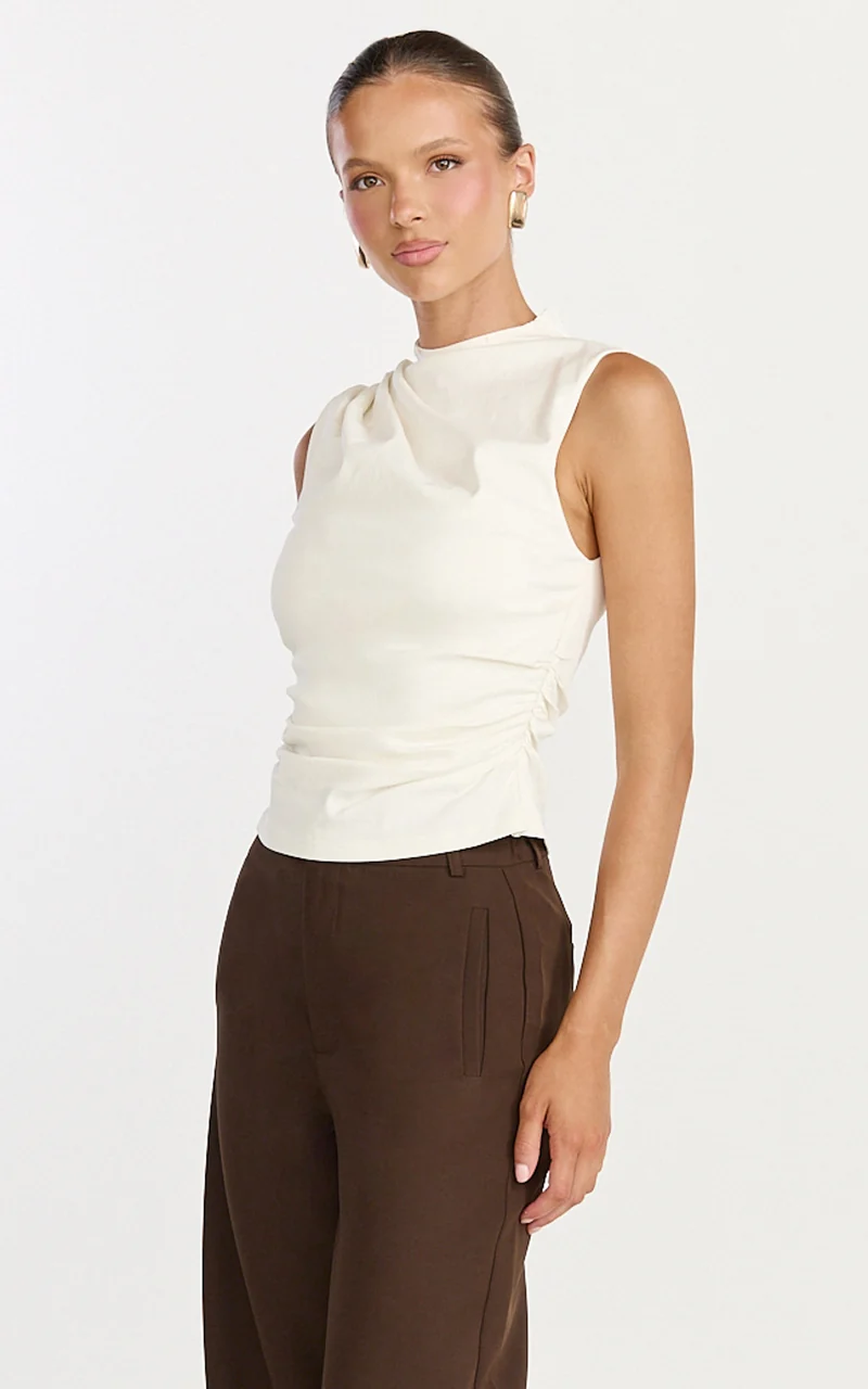 Gisandra Top - High Neck Gathered Sleeveless Top in Cream