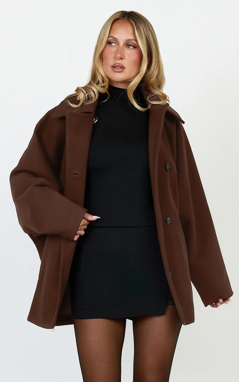 Rina Coat - Oversized Three Button Front Closure Coat in Chocolate