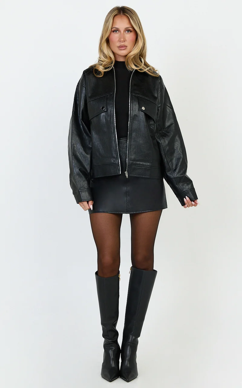 Lumi Jacket - Faux Leather Bomber Jacket in Black
