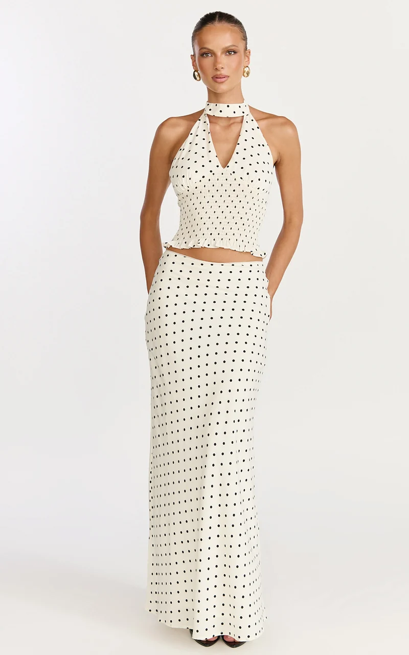 Charlotte Top - Polka Dot Halter Neck Top in White & Black Polka Dots