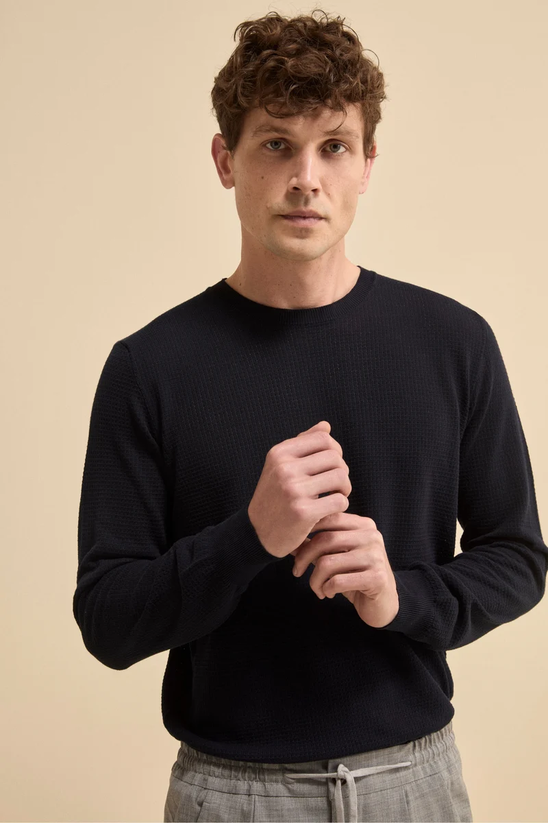 Pullover Girocollo Lavorato in Cotone - BLU