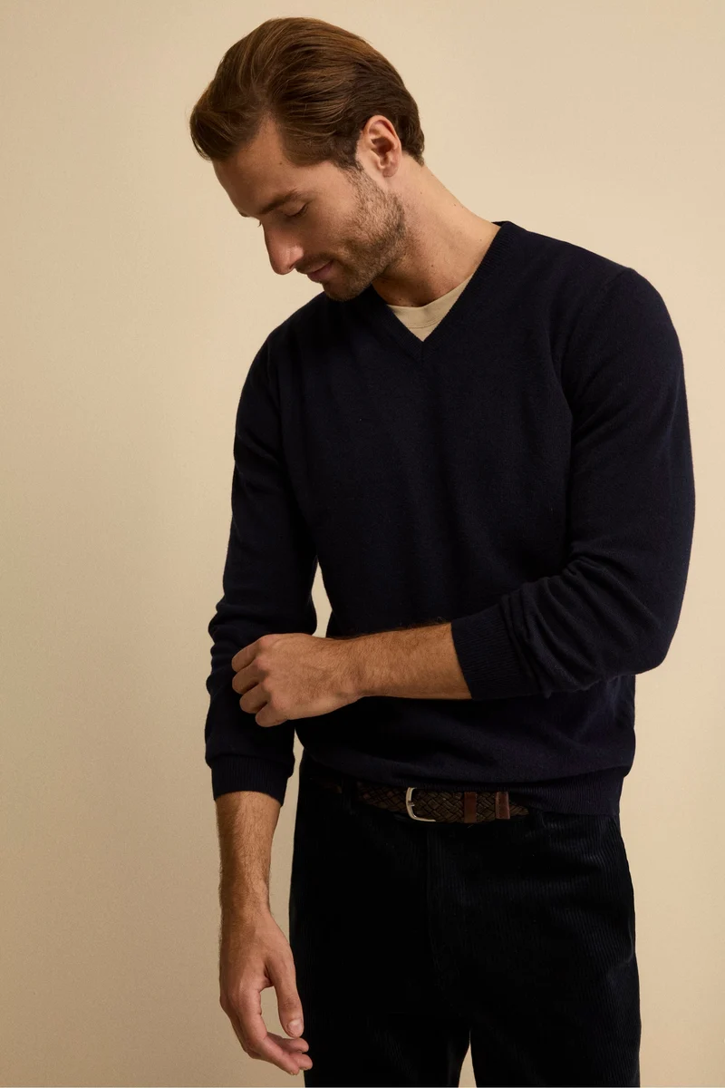 Maglia in lana con scollo a V - BLU NOTTE