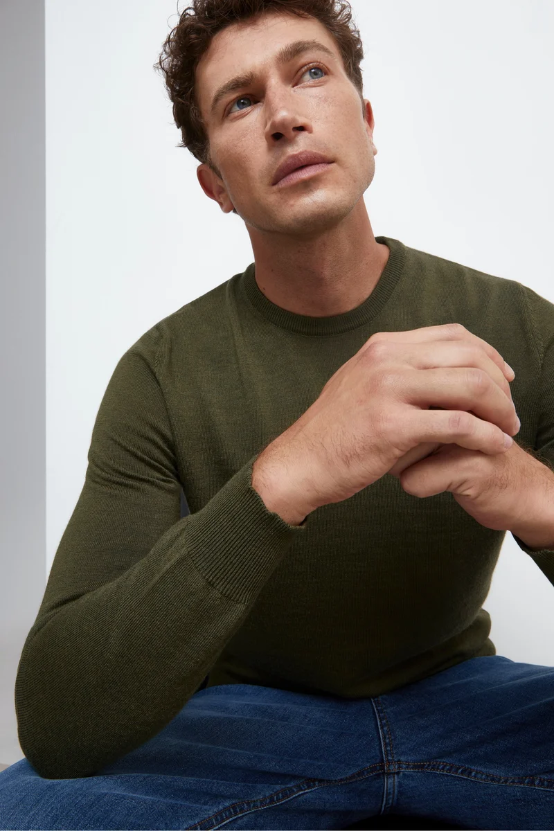 Pullover Girocollo in Lana Merino - VERDE MILITARE