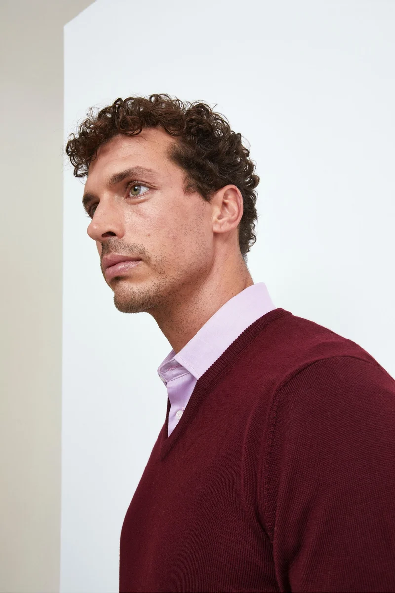 Maglia Scollo a V in Lana Merino - BORDEAUX
