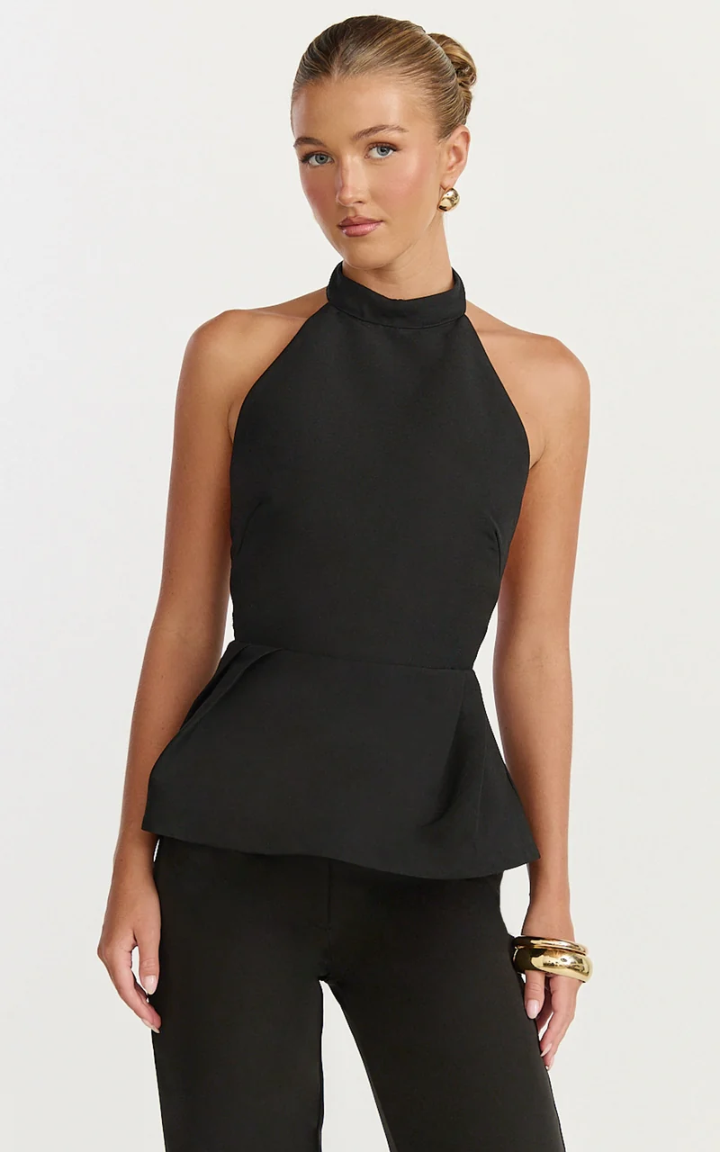 Lilia Top - High Neck Backless Peplum Top in Black
