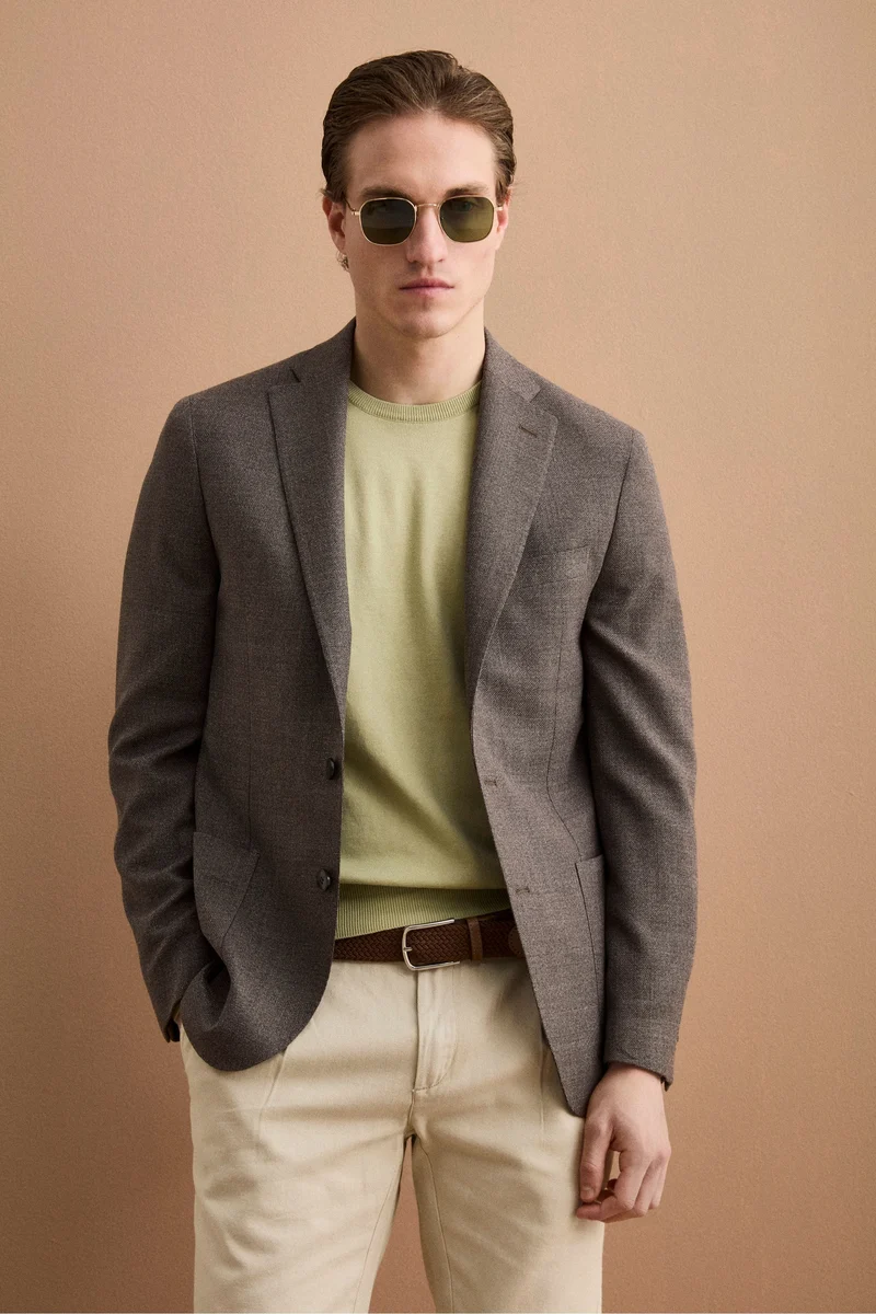 Giacca Slim Fit Semifoderata in Lana Vergine - MARRONE