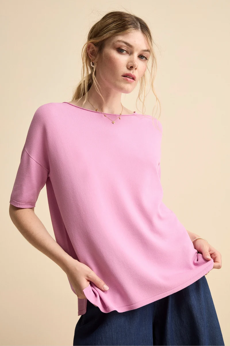 Maglia Girocollo Morbida con Maniche Corte - ROSA SCURO