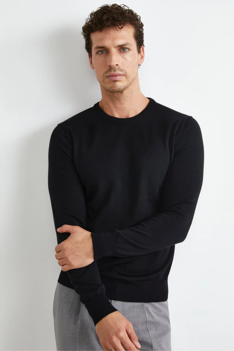 Pullover Girocollo in Lana Merino - NERO