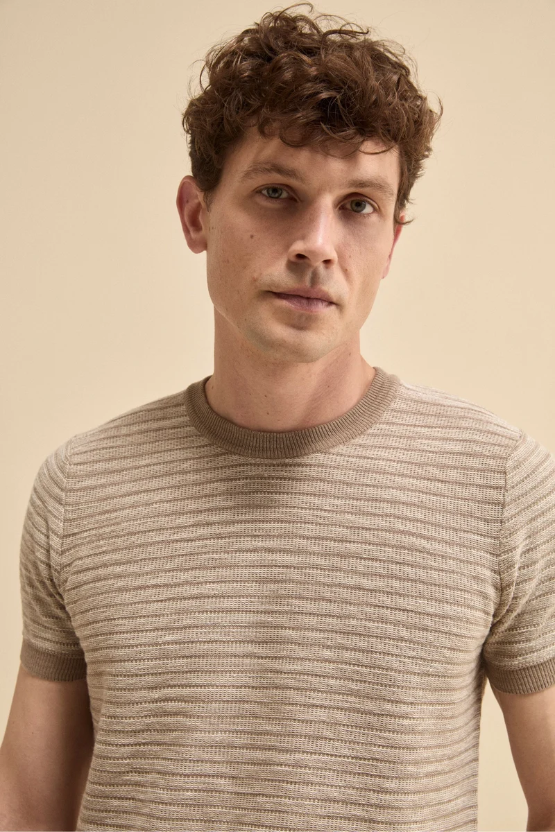 T-Shirt Jacquard in Misto Lino - NOCCIOLA