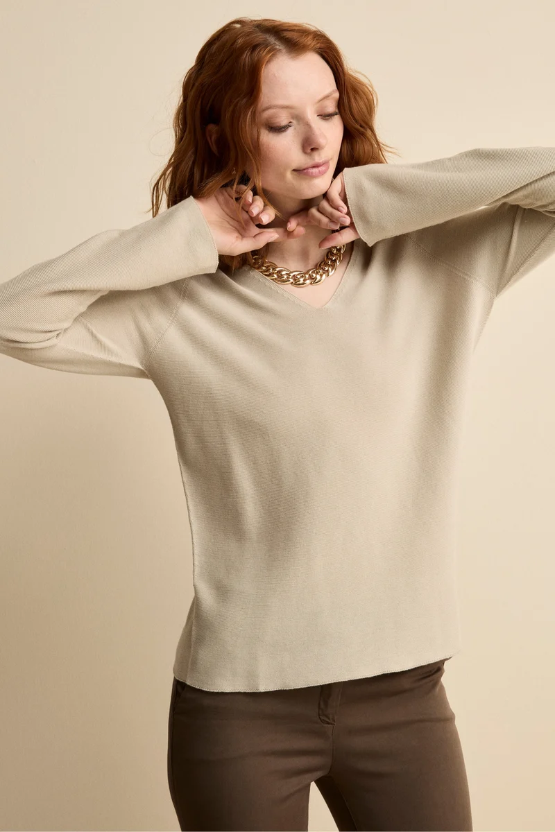 Pullover Links con Scollo a V in Cotone - BEIGE