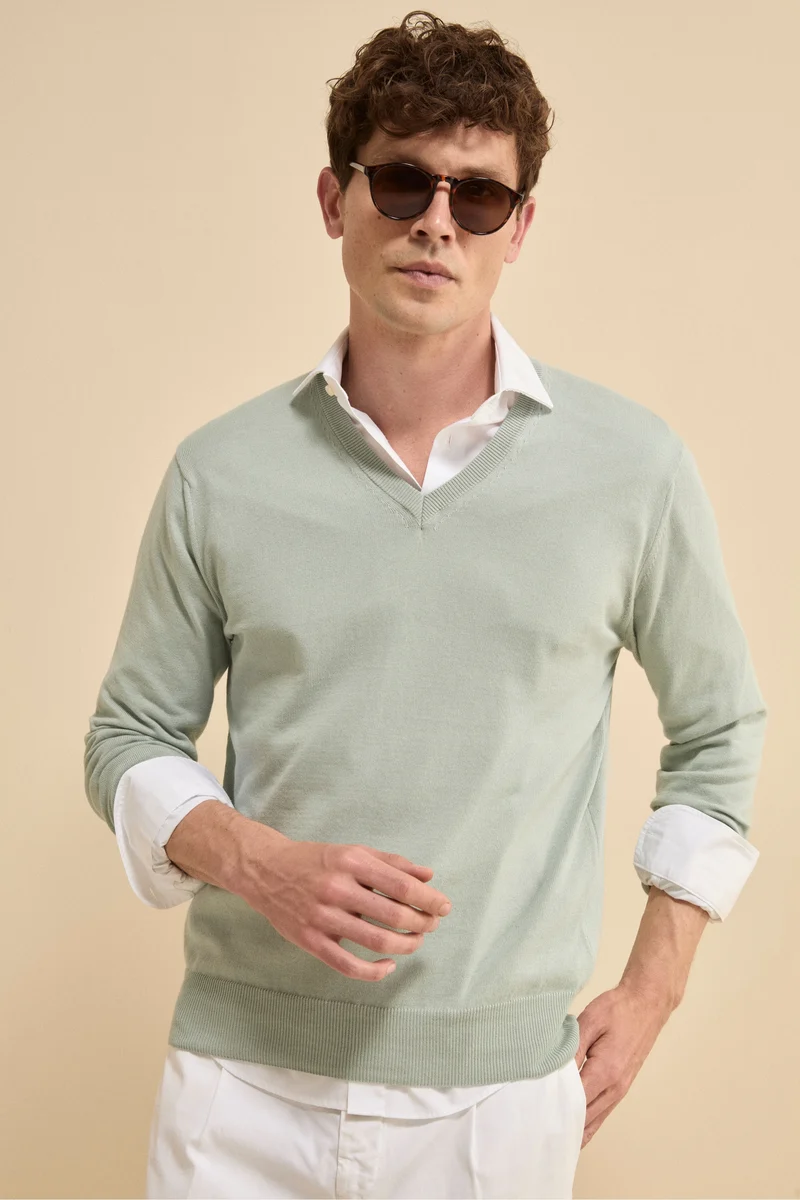 Maglia scollo a V in cotone con Bordi Lavorati - SALVIA