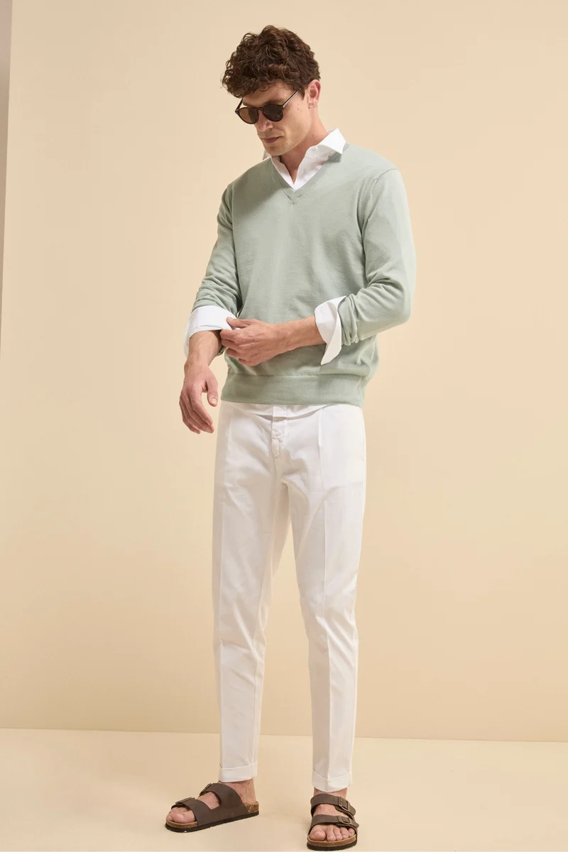 Maglia scollo a V in cotone con Bordi Lavorati - SALVIA