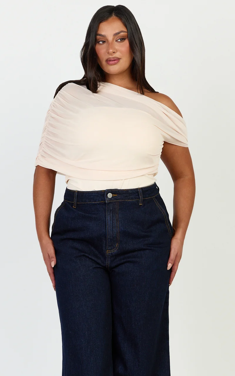 Sophia Top - Draped One Shoulder Mesh Overlay Top in Cream