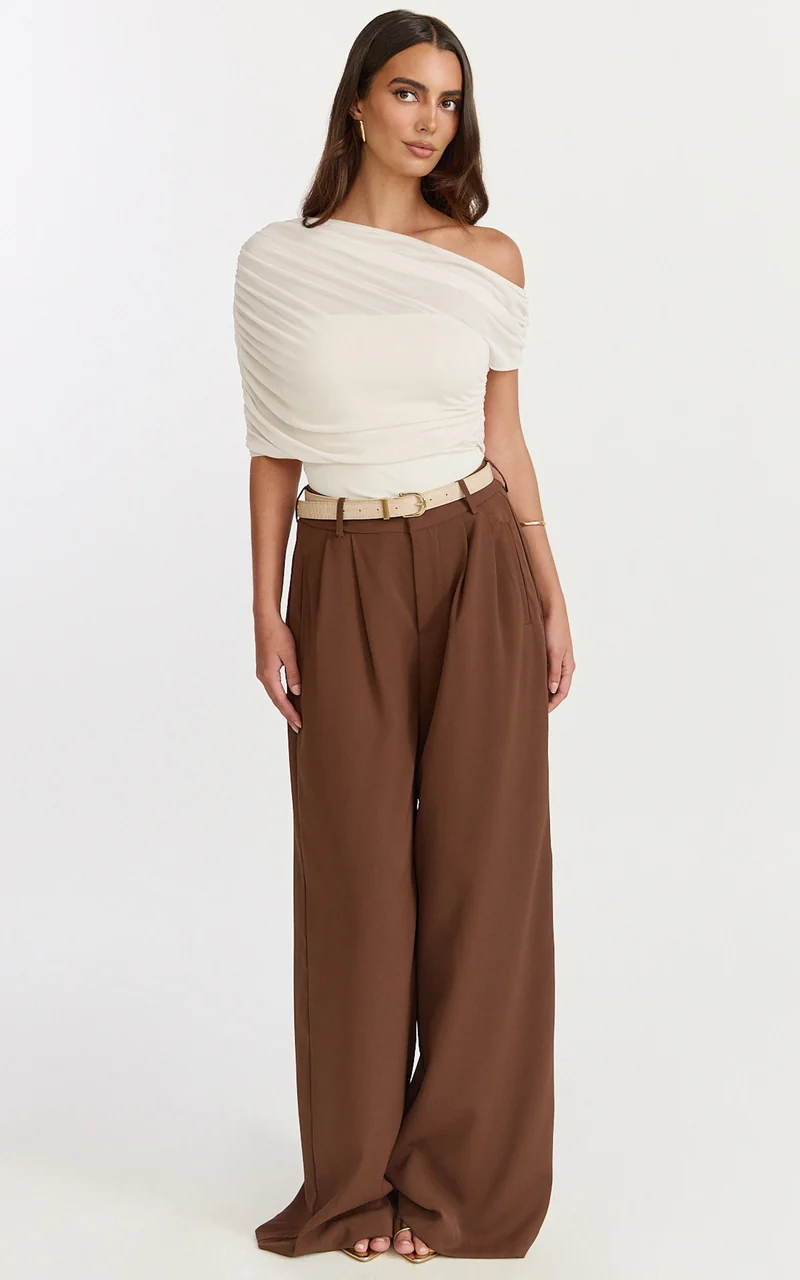 Sophia Top - Draped One Shoulder Mesh Overlay Top in Cream
