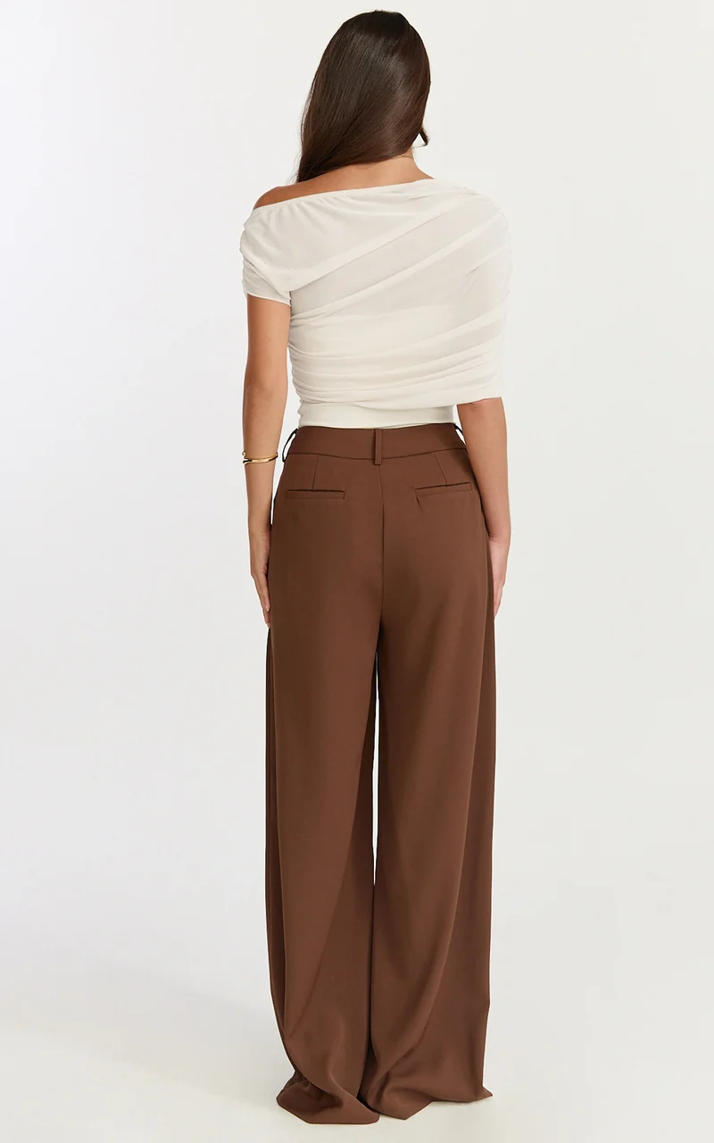 Sophia Top - Draped One Shoulder Mesh Overlay Top in Cream
