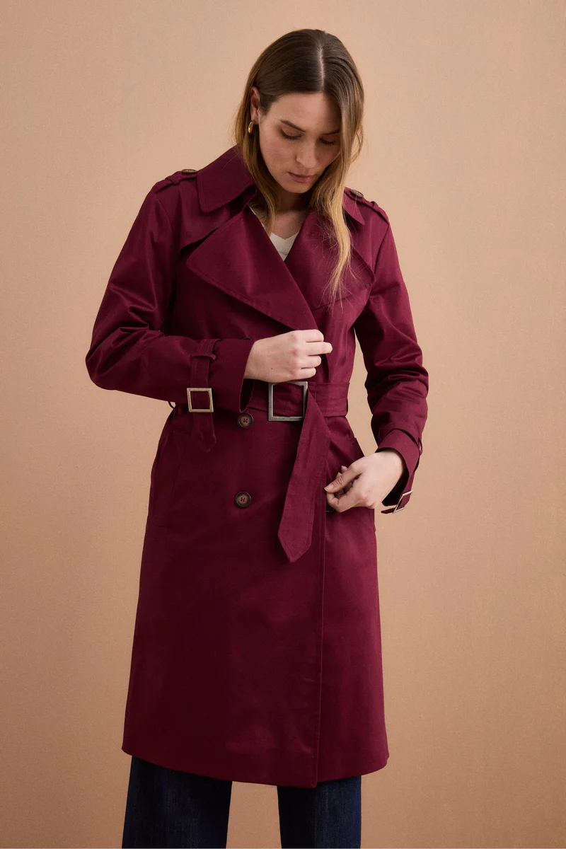 Trench Lungo Doppiopetto Foderato con Cintura - BORDEAUX