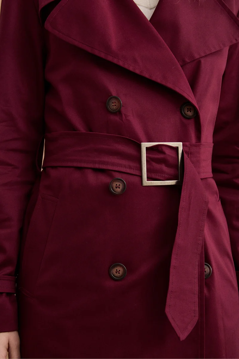 Trench Lungo Doppiopetto Foderato con Cintura - BORDEAUX