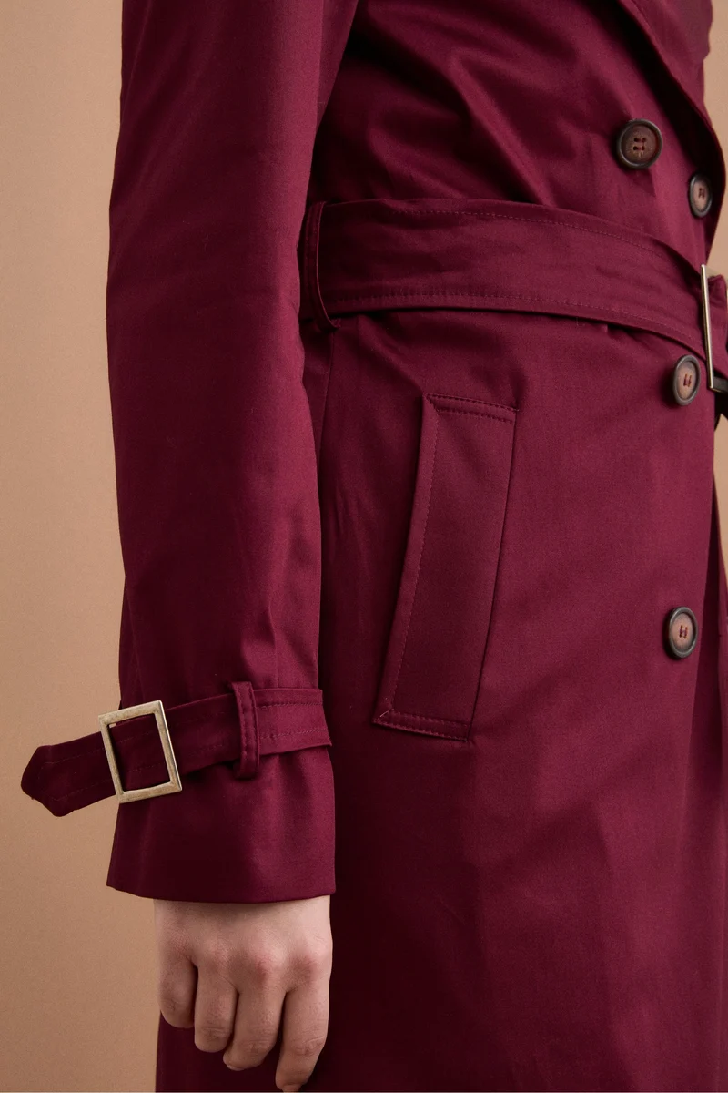Trench Lungo Doppiopetto Foderato con Cintura - BORDEAUX