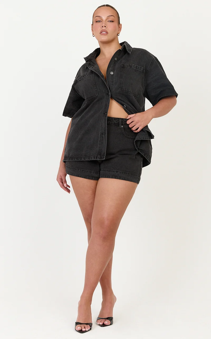 Iris Top - Oversized Recycled Denim Short Sleeve Shirt in Black