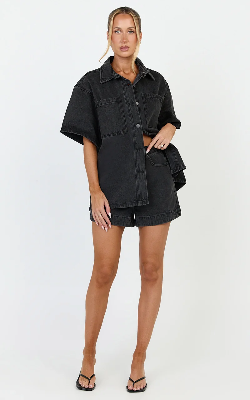 Iris Top - Oversized Recycled Denim Short Sleeve Shirt in Black