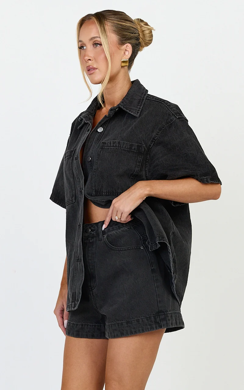 Iris Top - Oversized Recycled Denim Short Sleeve Shirt in Black