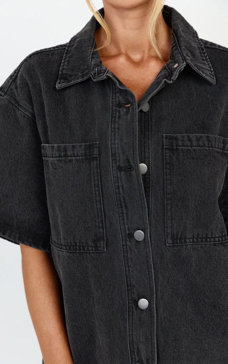 Iris Top - Oversized Recycled Denim Short Sleeve Shirt in Black