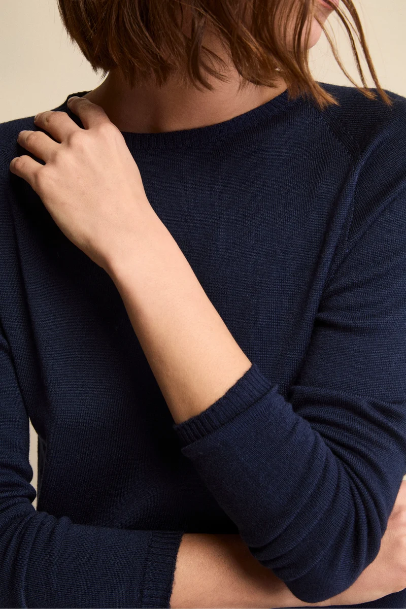 Girocollo in Lana Merino con Bordi a Coste - NAVY