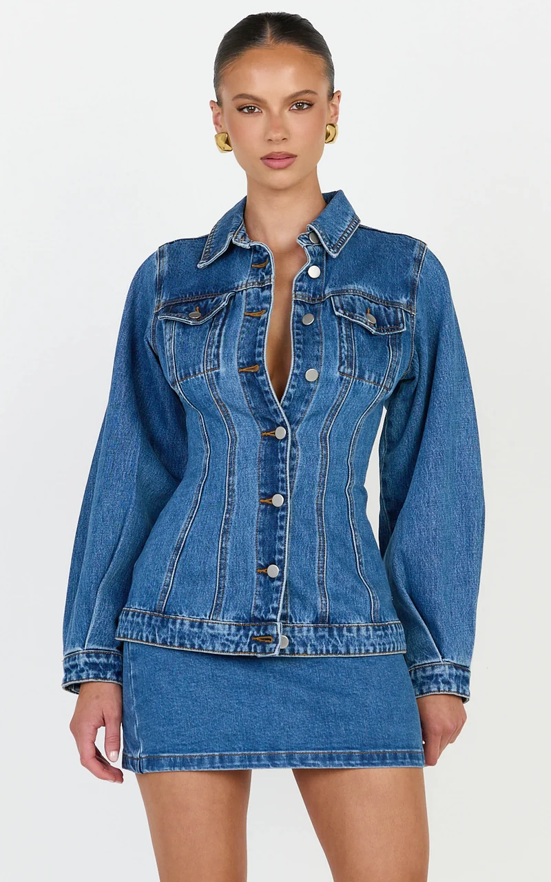 Tianna Jacket - Long Sleeve Contoured Recycled Denim Jacket in Mid Blue Wash