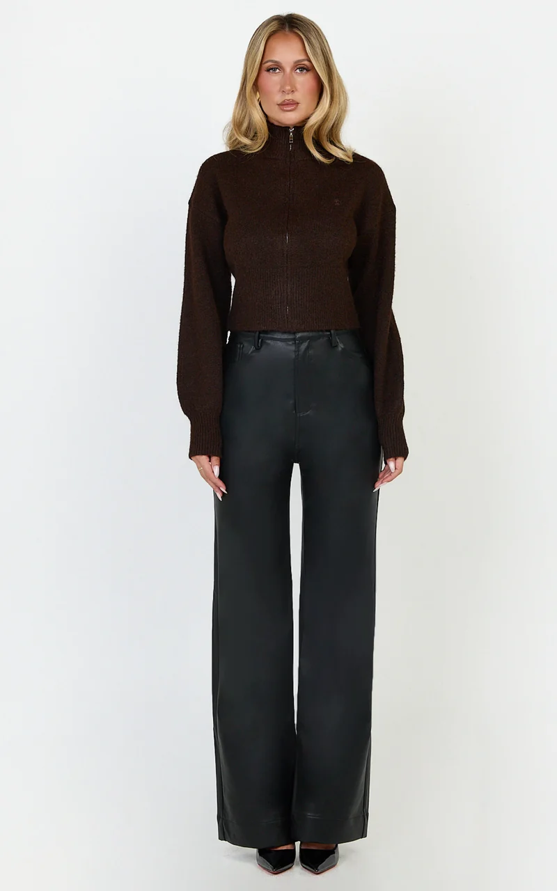 Gaia Jumper - High Neck Full Zip Cropped Jumper in Chocolate