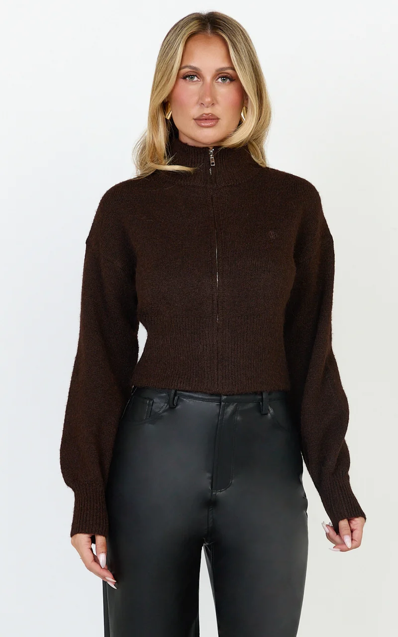 Gaia Jumper - High Neck Full Zip Cropped Jumper in Chocolate