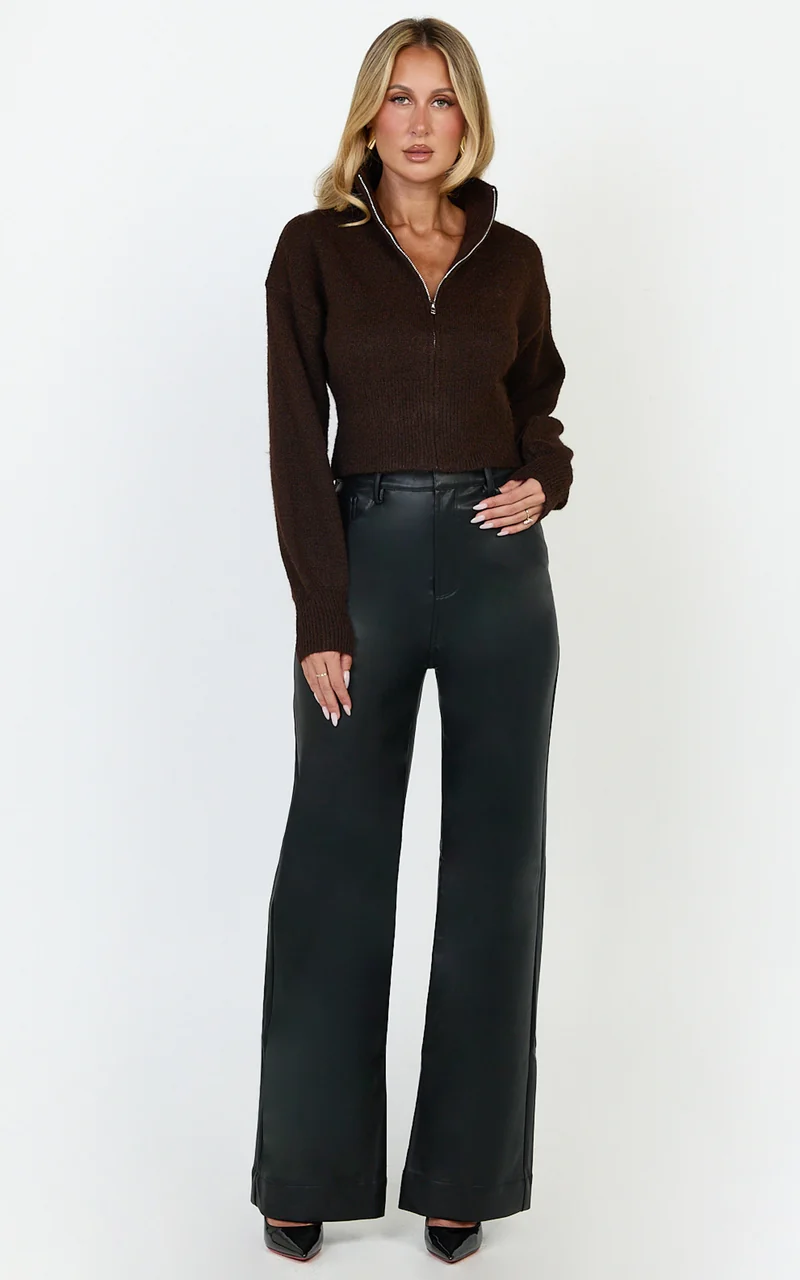 Gaia Jumper - High Neck Full Zip Cropped Jumper in Chocolate