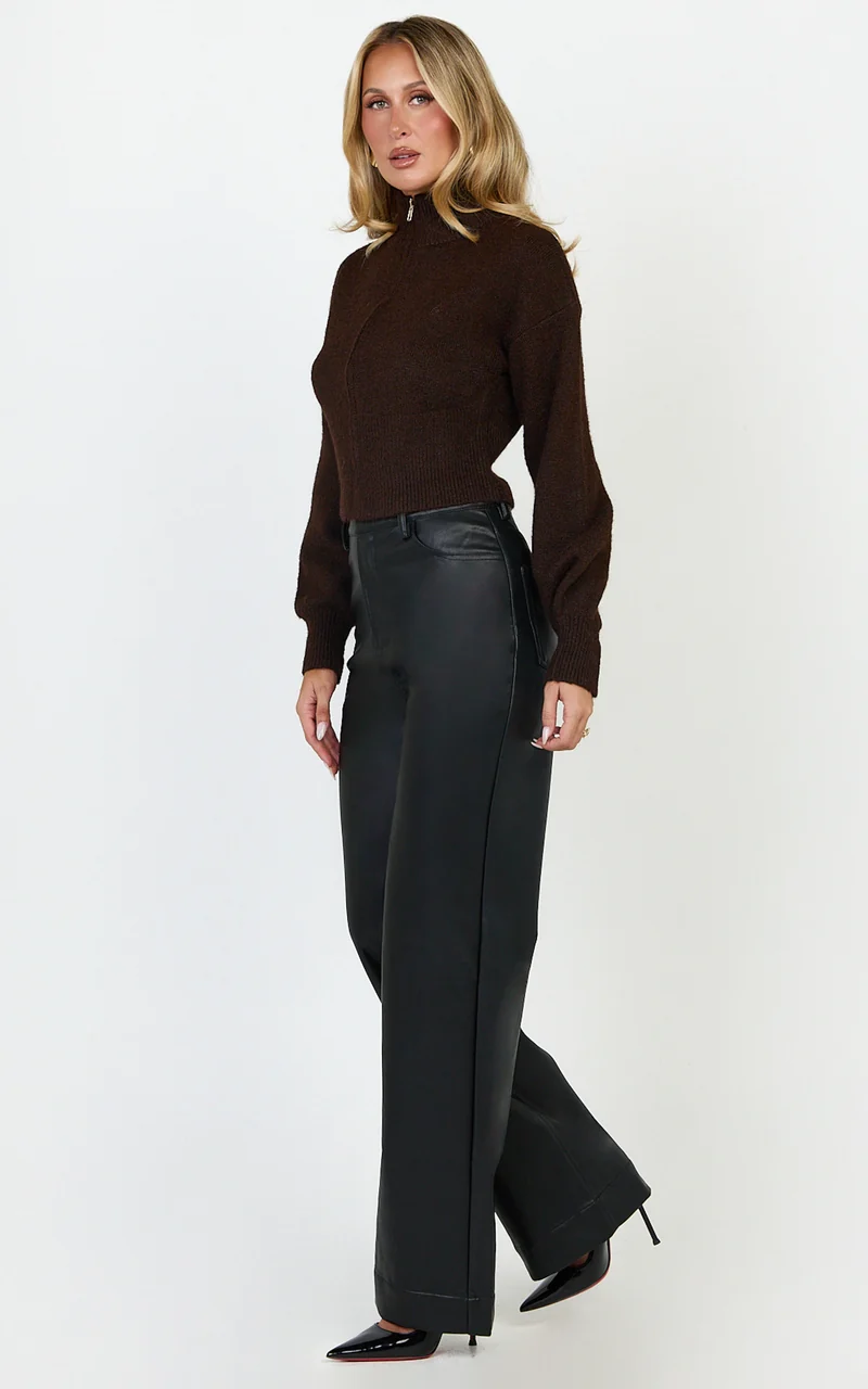 Gaia Jumper - High Neck Full Zip Cropped Jumper in Chocolate