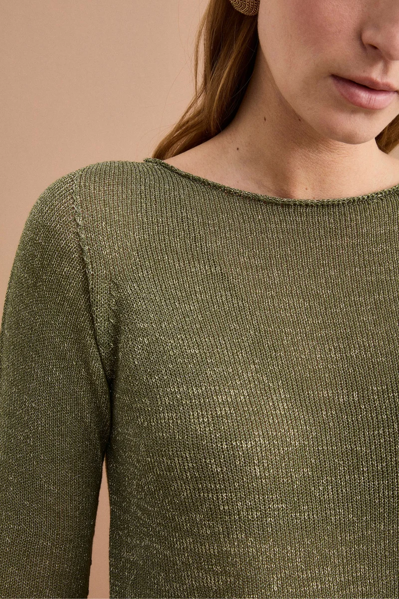 Maglia Lurex in Cotone con Scollo Barchetta - VERDE MILITARE
