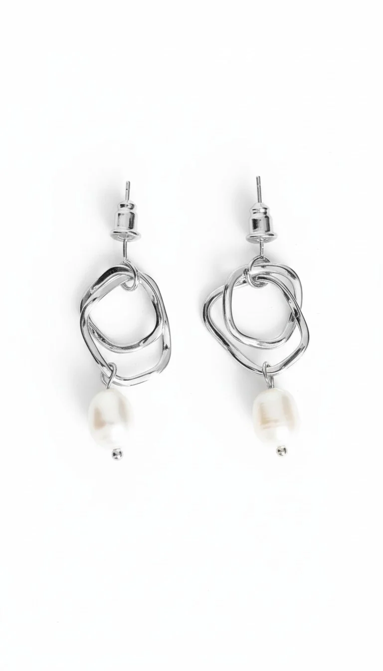 Flora Double Hoop Drop Earring in Silver And Pearl