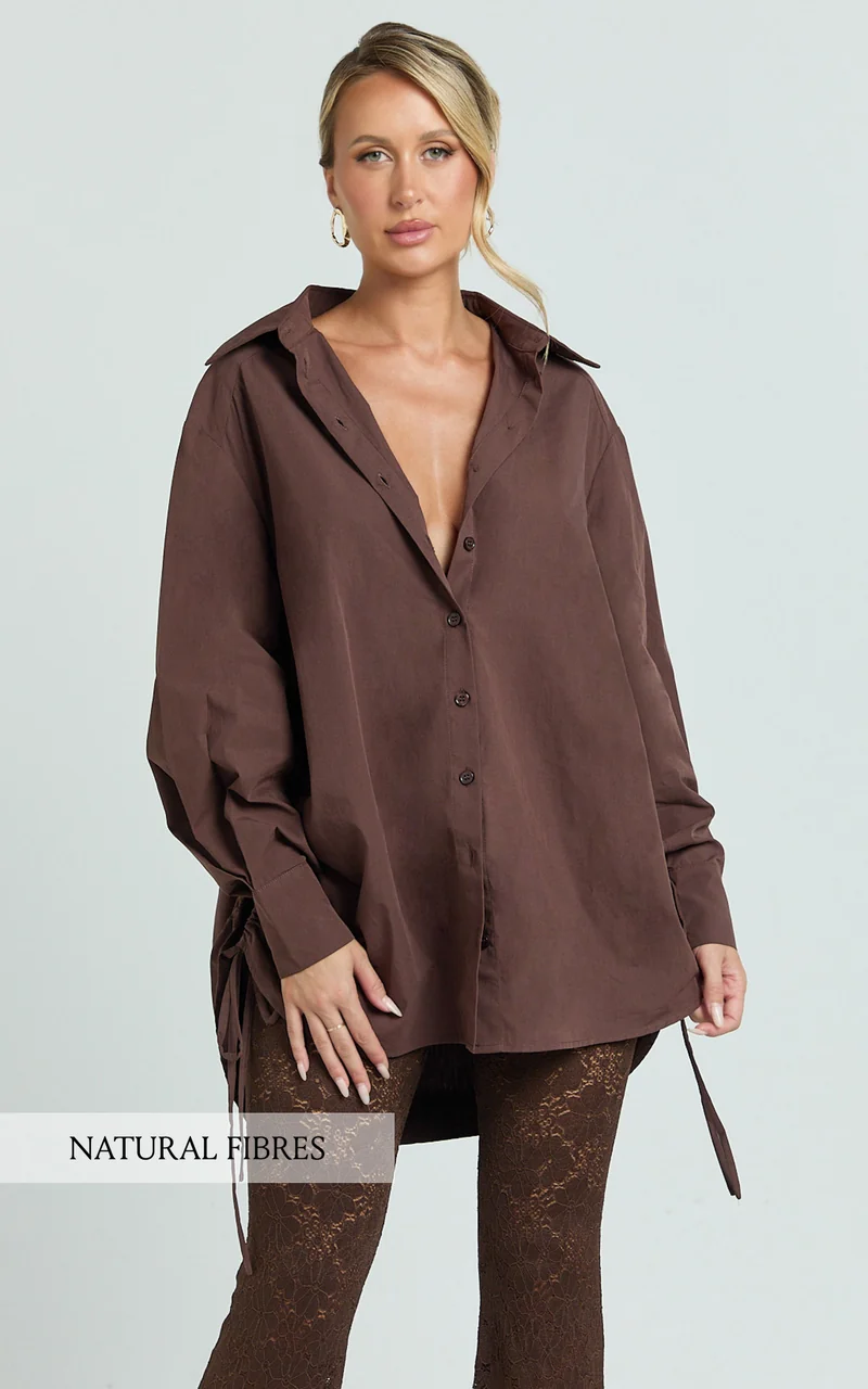 Kalpena Shirt - Ruched Side Oversized Shirt in Chocolate