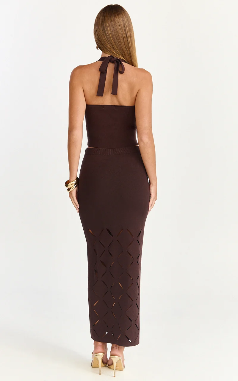 Sabrina Top - Knitted Square Halter Neck Top in Chocolate